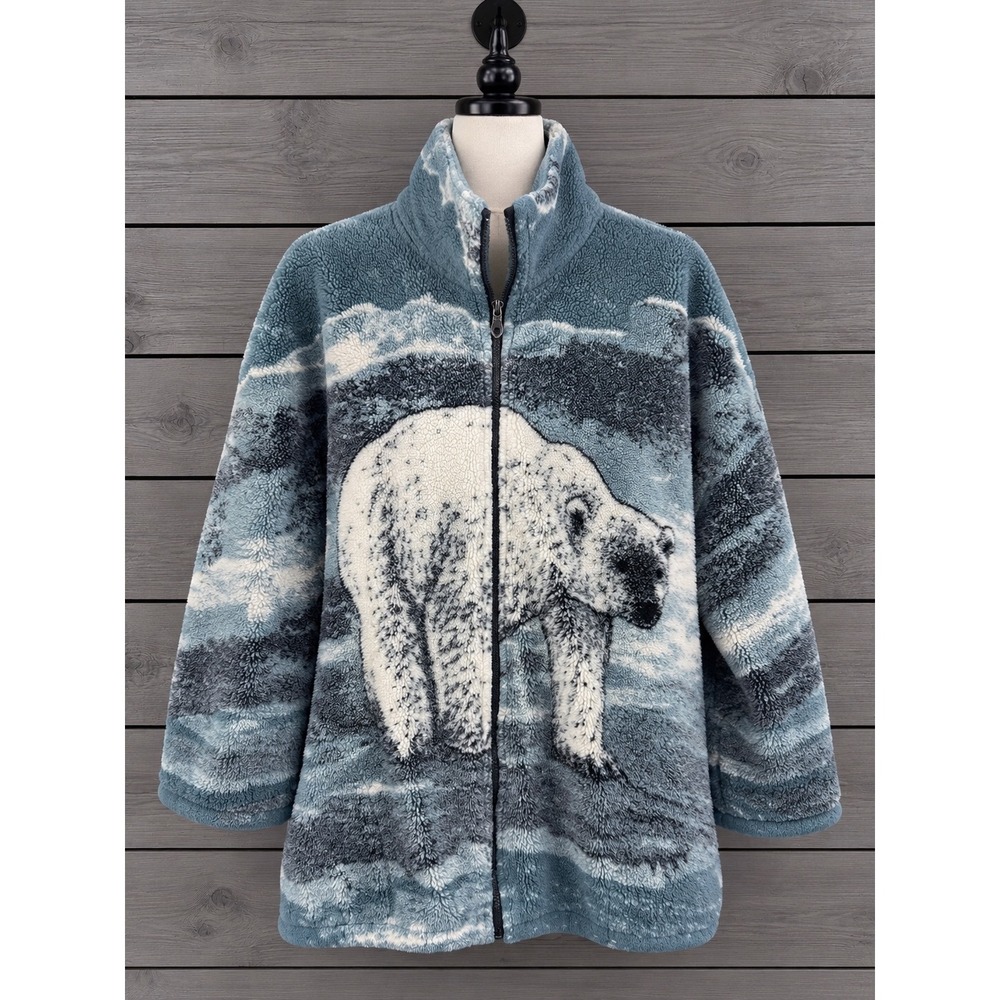 Black Mountain Fleece Jacket XL Blue Polar Bear Animal Print Zip Up USA Flaw